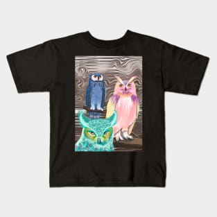 Whoo Watches The Watchers? Owls in Showy Feathers Kids T-Shirt